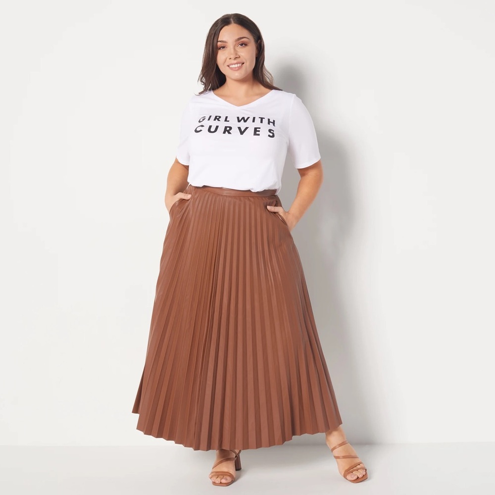Girl With Curves Faux Leather Pleated Ankle Skirt in British Tan